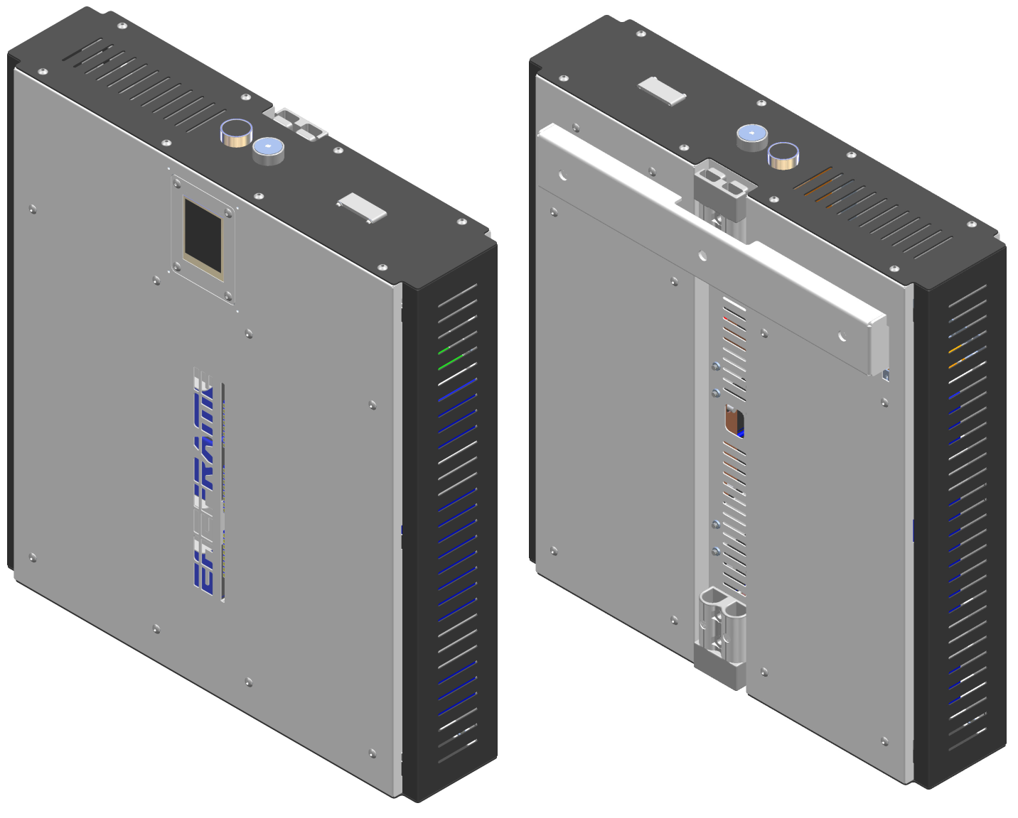 Front and rear views of the EneFrame modular battery enclosure